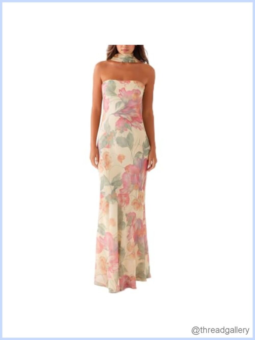 Women Floral Tube Maxi Dress with Scarf Strapless Bodycon Mesh Cocktail Party